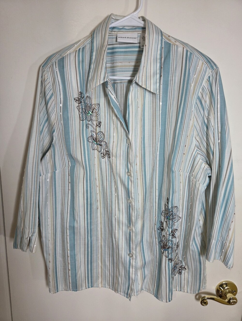 Striped Light Blue & White Button-Up Shirt with Floral Embroidery